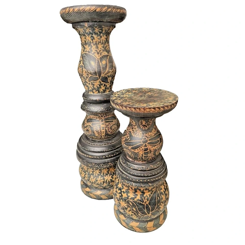 Vtg Indonesian Hand Carved Wooden‎ Batik Butterfly Dragonfly Candle Holders 2pc